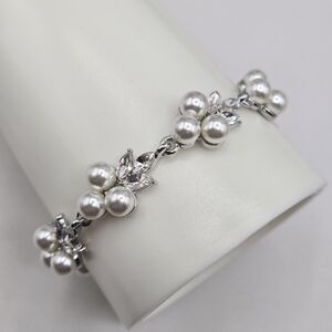 Swarovski Crystal Elements Silver Pearl Bracelet 7 inch Prom Bridal Formal
